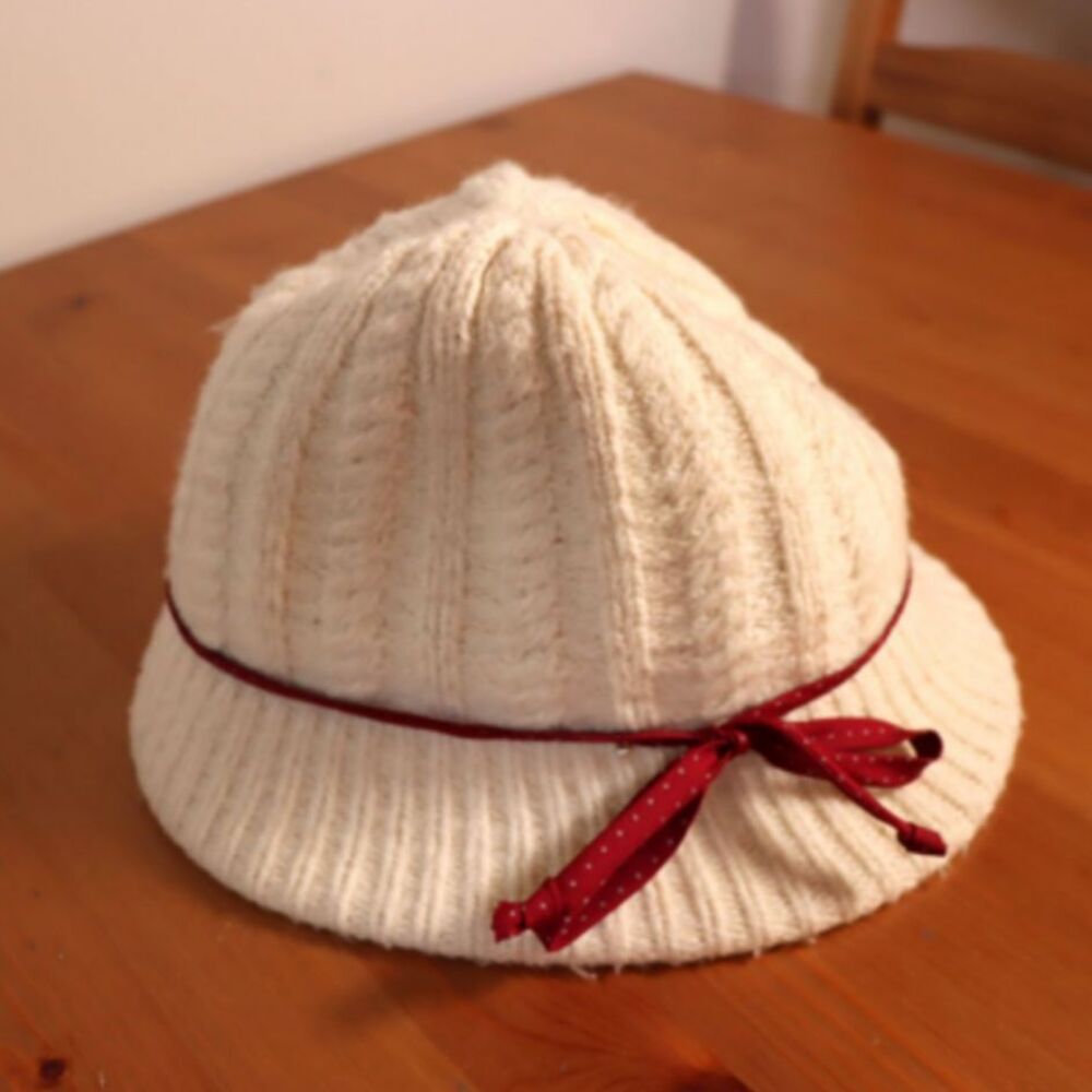 Vintage Aris Cream White Knit Bucket Hat Red Polka Dot Ribbon Bow Womens